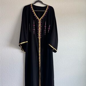 Black Embroidered Kaftan with Gold and Pink Accents